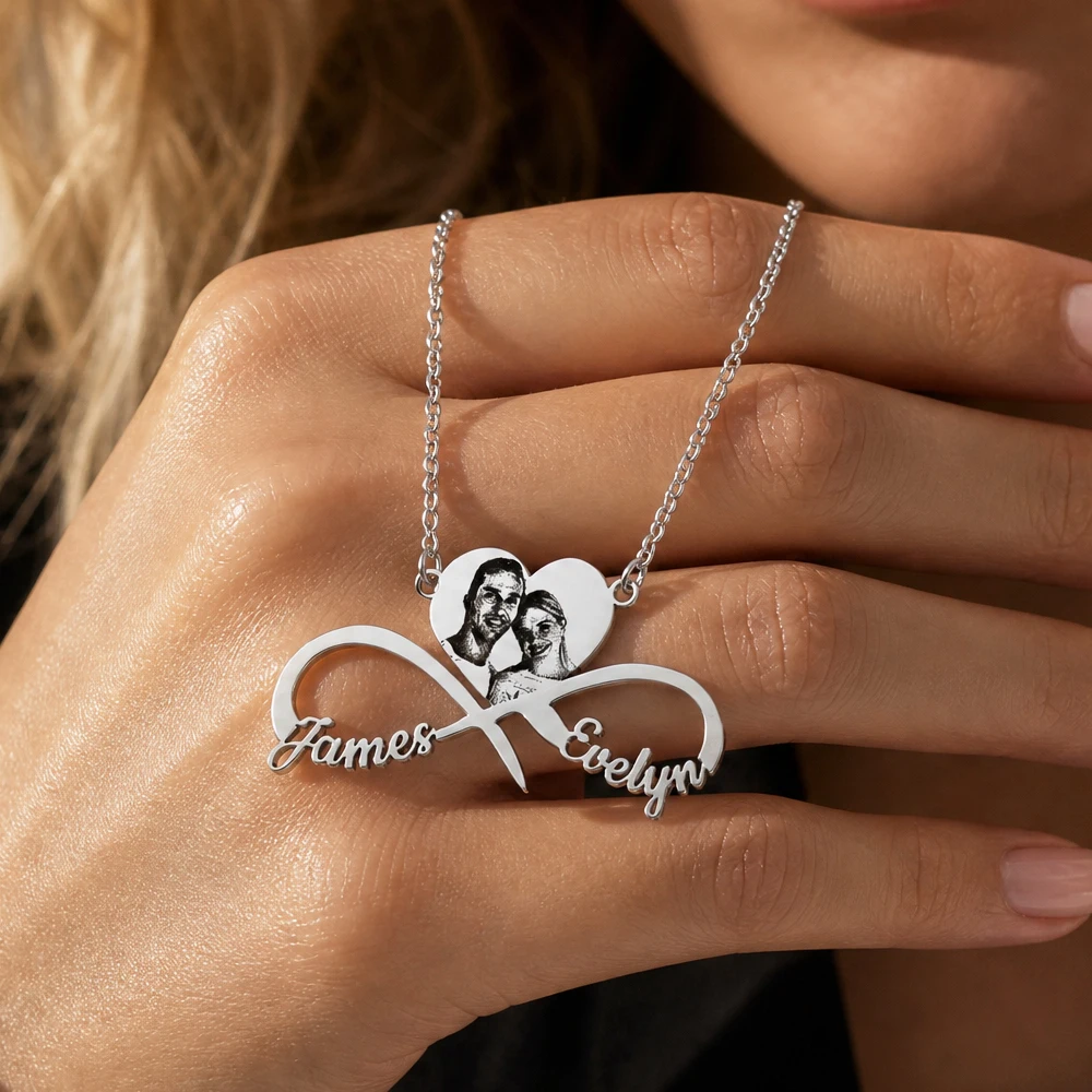 Collier personnalisé avec photo et nom, pendentif cœur infini, chaîne en acier inoxydable, bijoux pour femmes, cadeau personnalisé à la mode pour fille