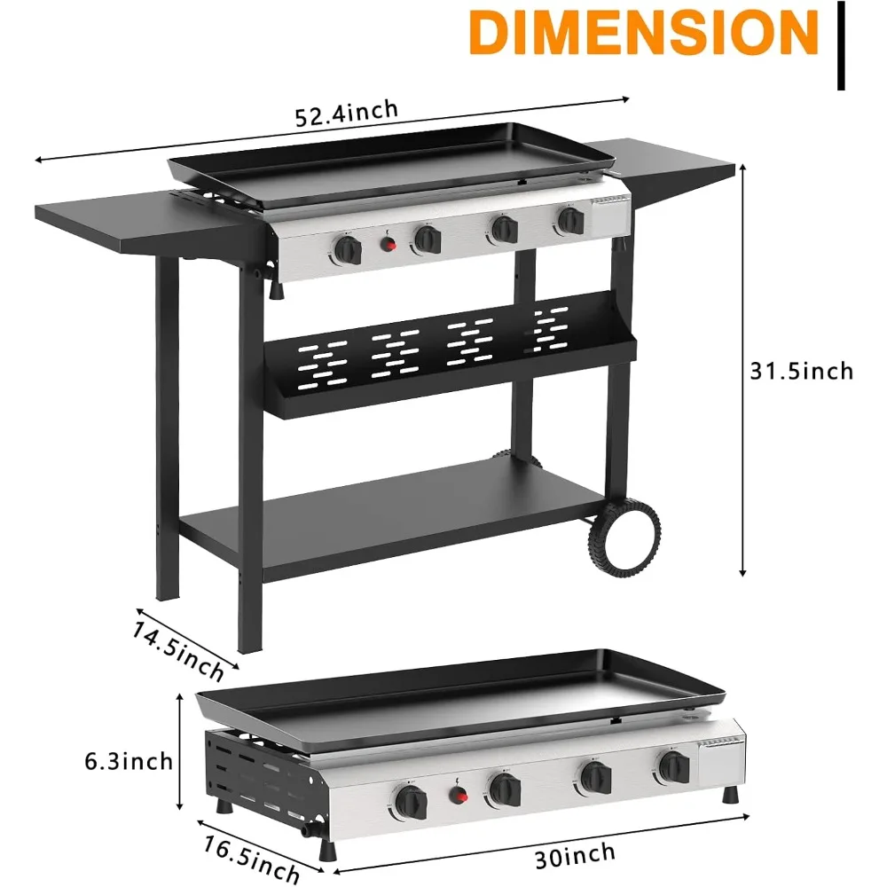 BBQ Gas Grill Griddle 30 Inch 4 Burner, Side Table for Camping or Tailgating (Griddle & Shelf), Portable Barbecue Grill