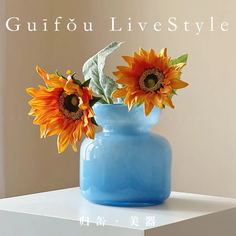 Sunny blue glazed vase French Nordic art glazed glass vase flower ware soft ornament