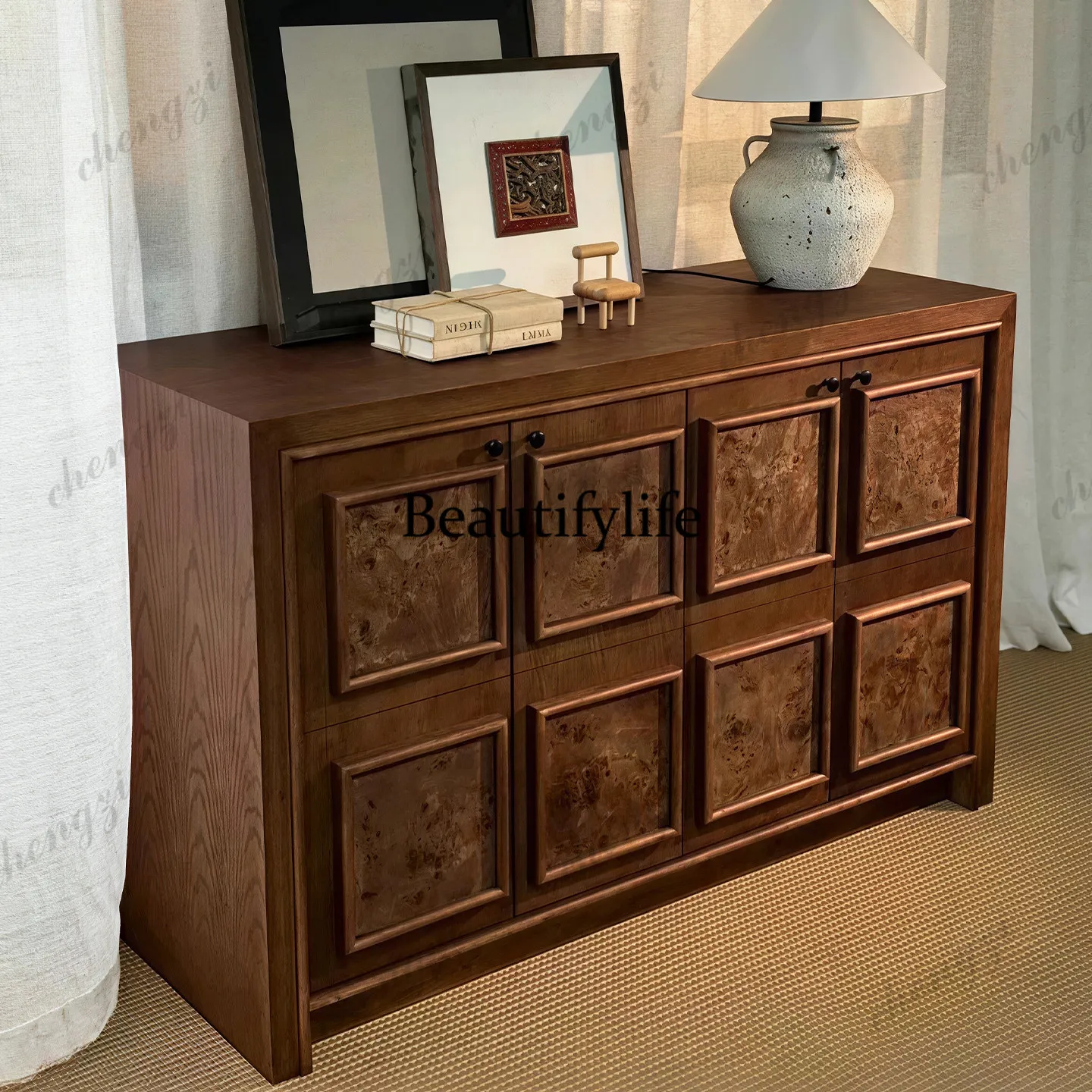 Solid wood four buckets, home living room locker, retro bedroom storage, dining side against the wall, chest of drawers