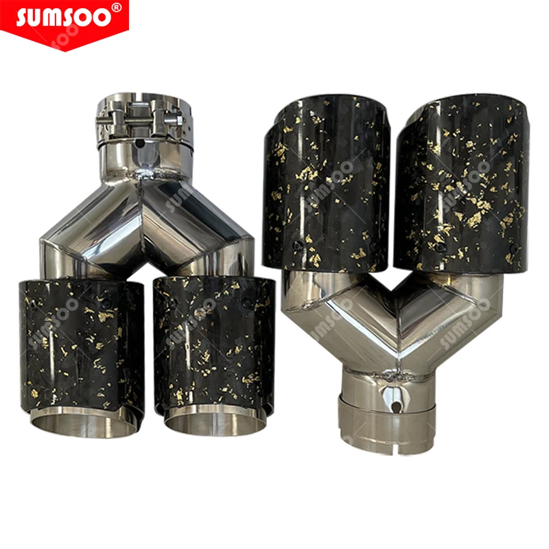Original SUMSOO Goldfolie Geschmiedete Kohlefaser + Silber Edelstahl Auto Doppel-Auspuffendrohr Modifikation Schalldämpfer