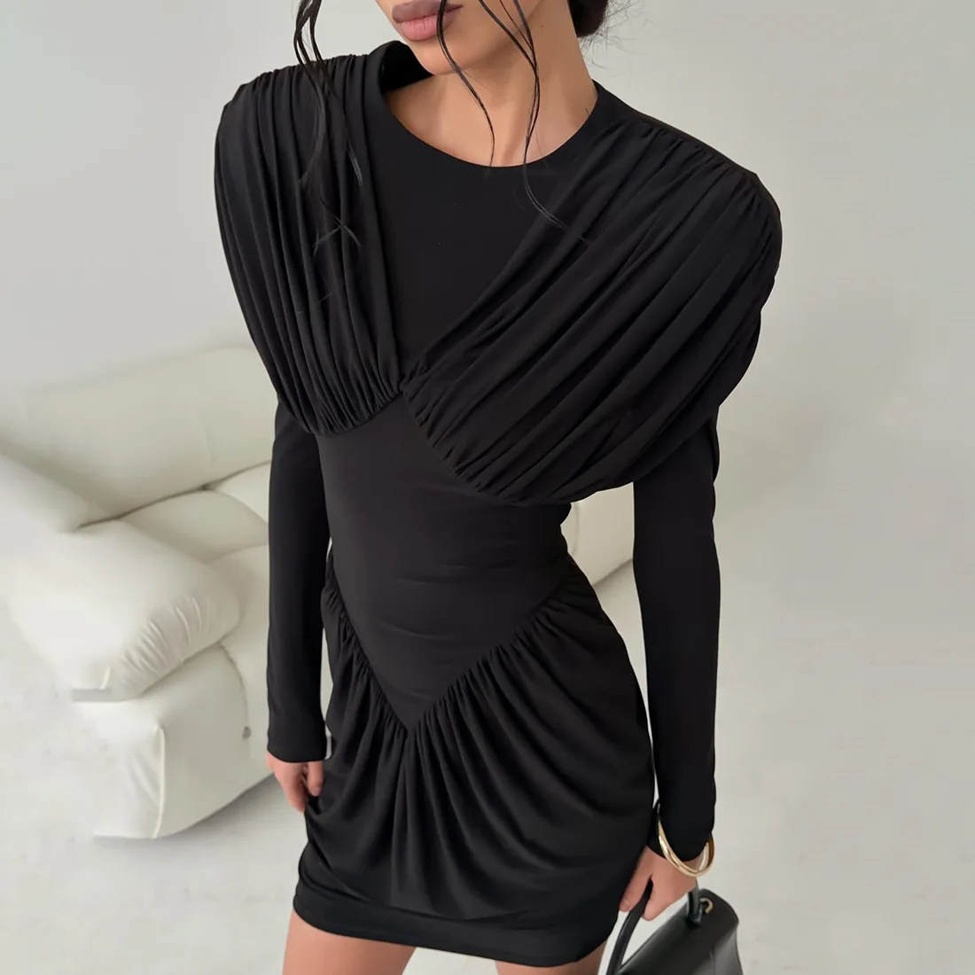 

YUZHEXI autumn elegant folds pleated black tight short dress women commuter clothing