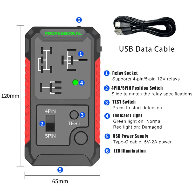 Car Battery Tester Universal 12V Car Electronic Relay Tester LED Indicator Light Type-C Interface Automotive Diagnostic Tool
