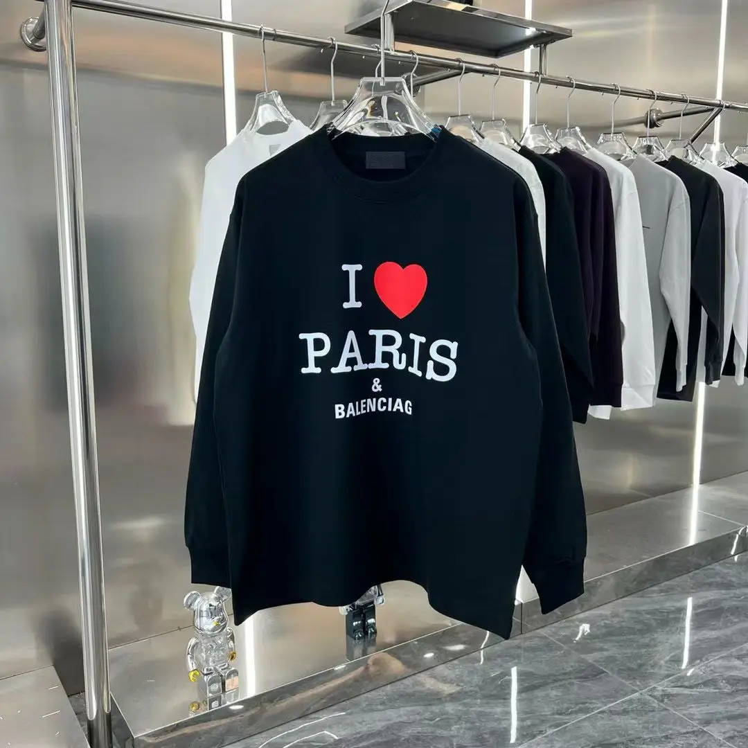 24 Autumn Winter New Paris Love Letter Printing Simple Loose Round Neck Pullover Casual Long-sleeved Sweater Men\'s and Women\'s