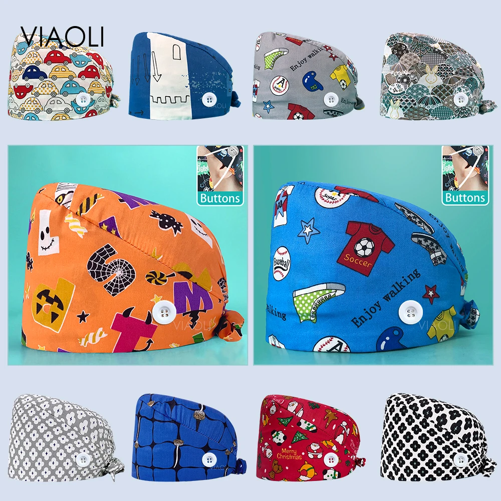 Unisex High Quality Scrubs Cap Adjustable Printed Hat Dust Proof Lab Nursing Working Cap Pet Hospital Surgical Hats Women Cotton