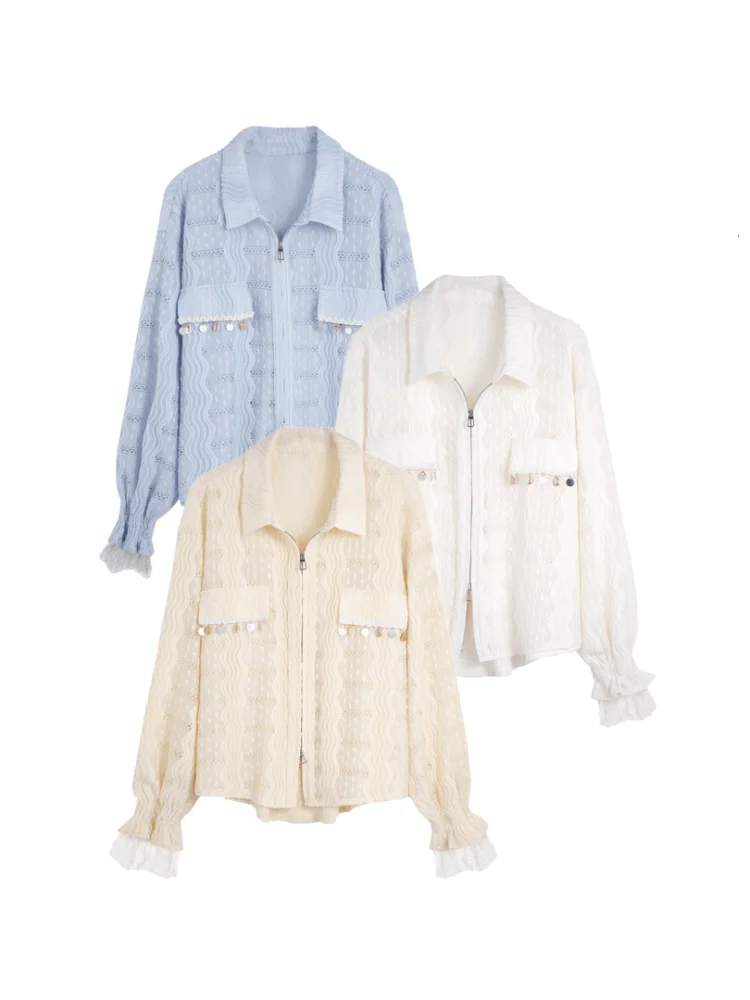 

Женская блузка с кружевными вставками и вырезами, новая весенняя модель, с высокой талией, для повседневной носки, с коротким рукавом, воротником и защитой от УФ-излучения