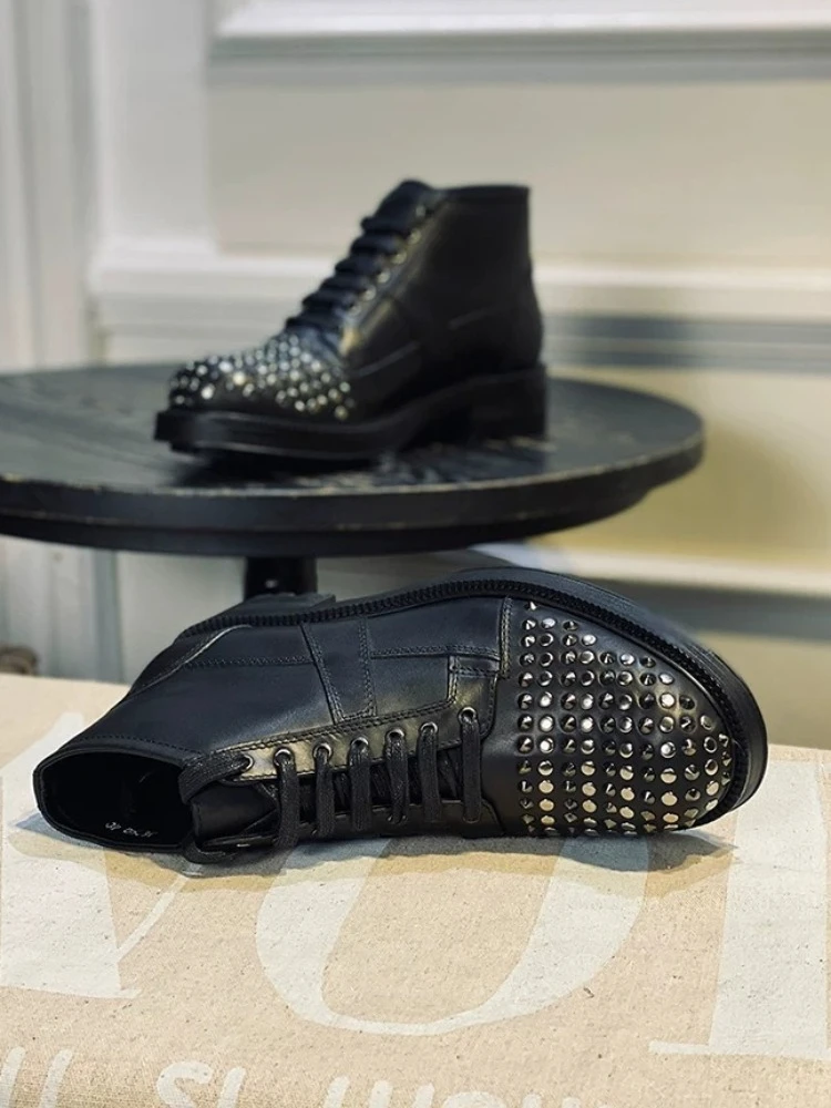 

Handmade Vintage Men High-Top Boots Punk Black Genuine Leather Studded Ankle Boots Lace-Up Chunky Casual Rivet Shoes