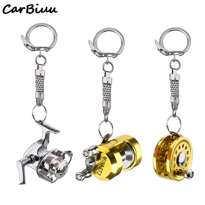 Alloy Fishing Reel Drum Pendant Keychain Car Key Hangings Outdoor Fishing Tackle Spring Clips Spinning Reel Keyrings