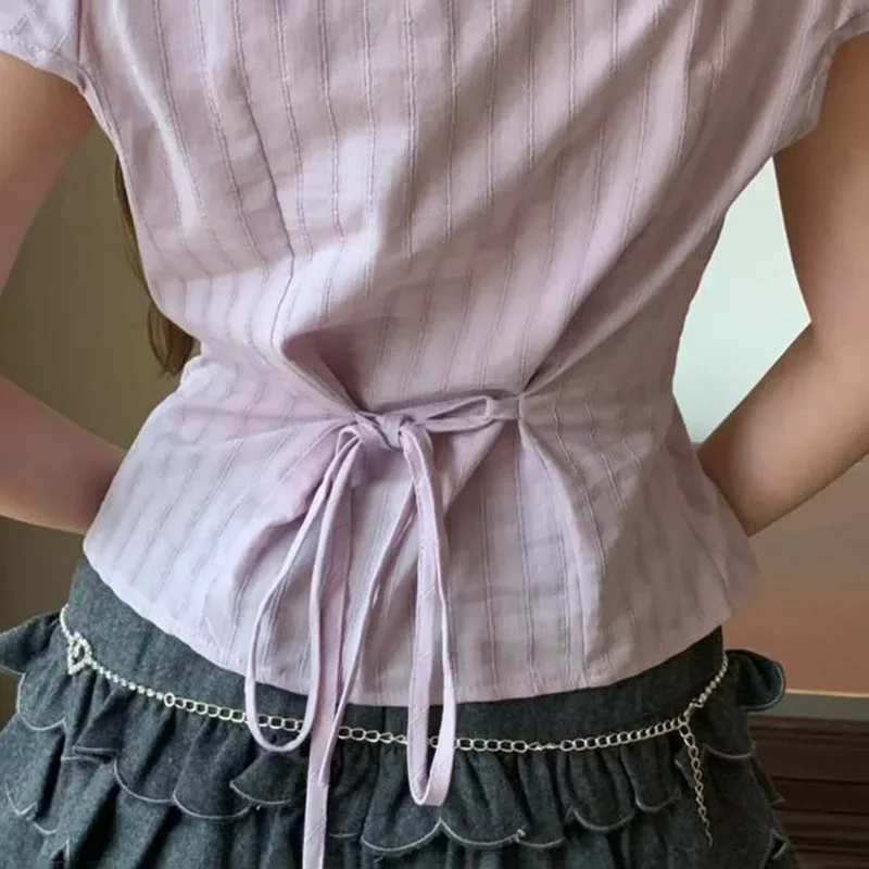

Summer Short Sleeve Shirt Sexy Bandage Women's 2025 New Design Bubble Sleeve Plaid Bow Tie Top Korean Loose Fit Pure Color