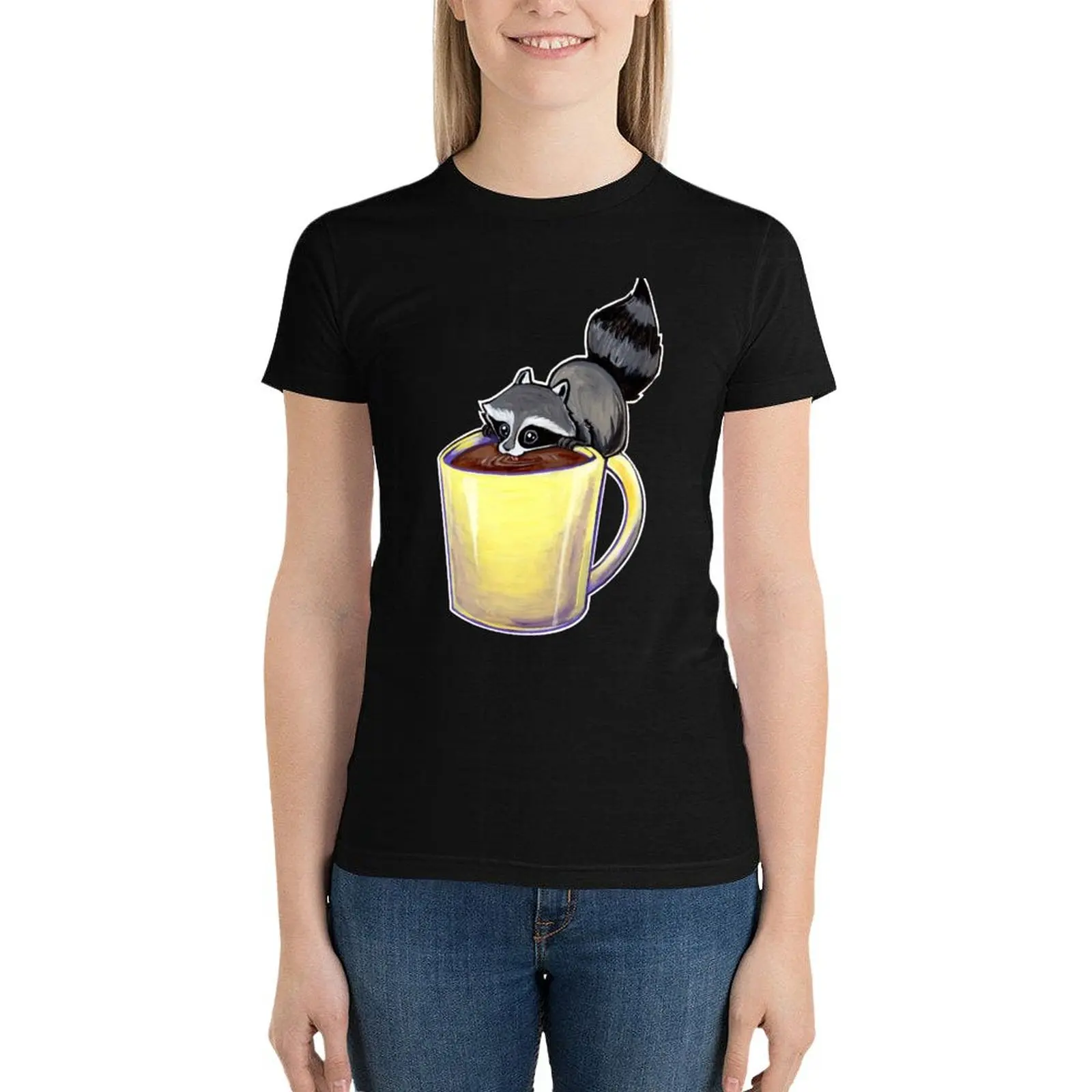

Coffee raccoon T-Shirt cute tops hippie clothes plus size tops t-shirt dress for Women sexy