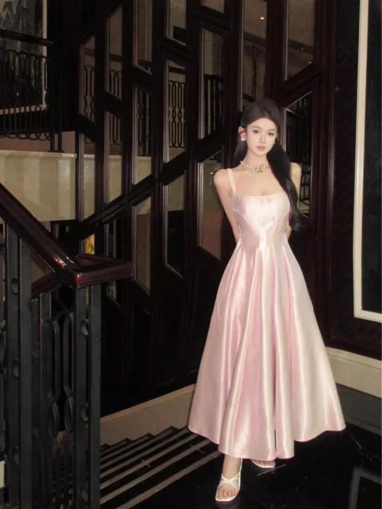 

French Women Pink Sexy High Waist Backless Birthday Party Evening Dress New Summer Sleeveless Slim Pleated Slip Long Dress Trend