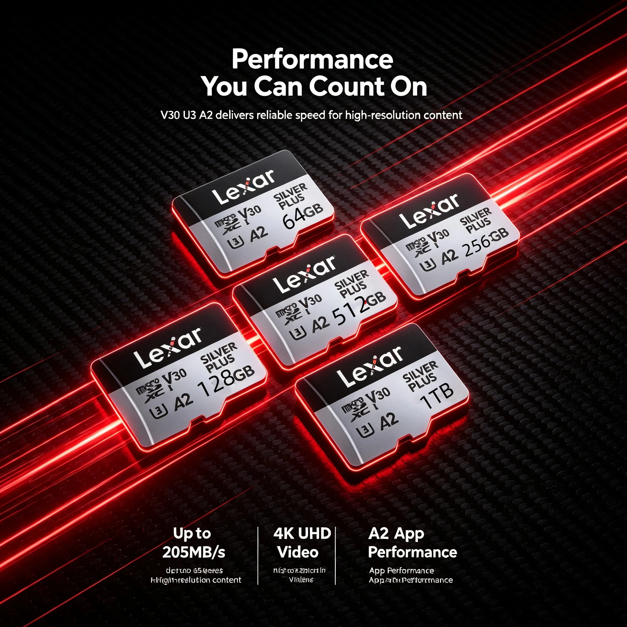 Lexar Micro SD Card 150MB/s Write 1500G Shock Resistant U3 205MB/s Read A2 for 4K 60fps Video RAW V30 Class 10 Recording