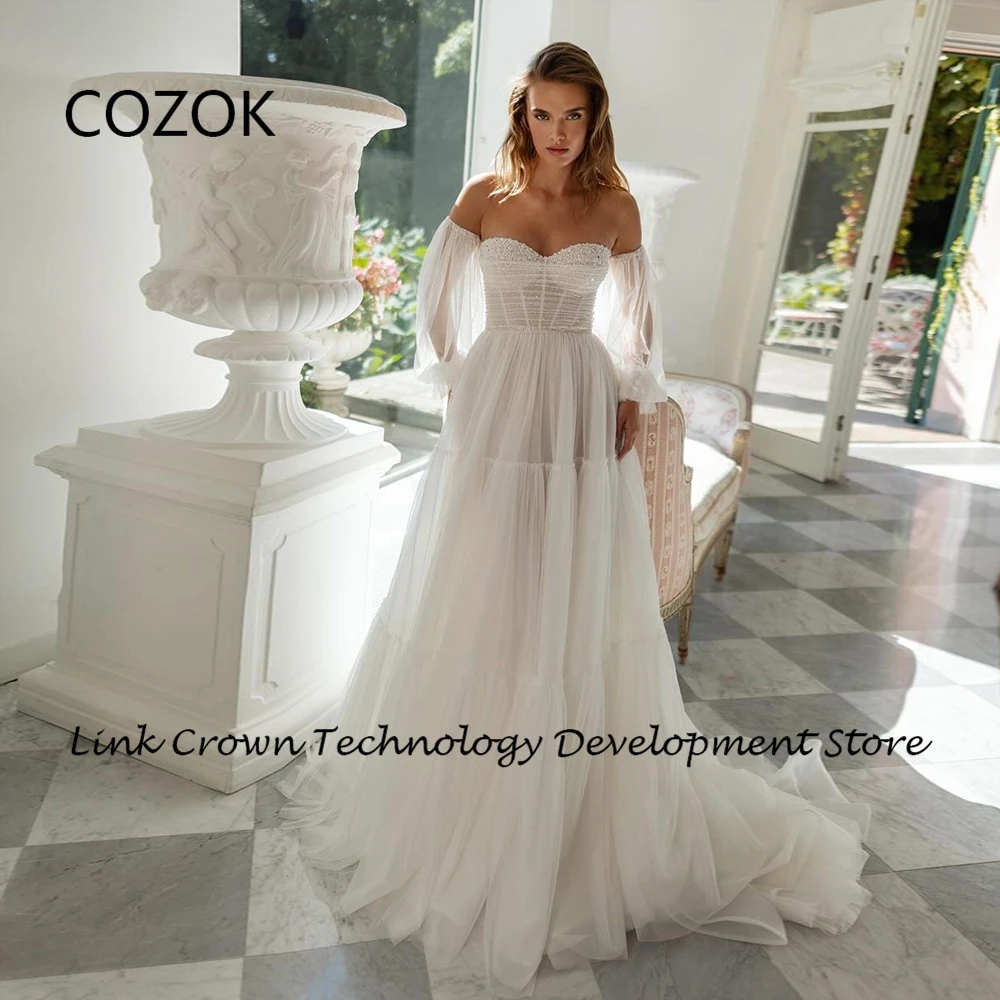 

COZOK Sweetheart Off Shoulder Wedding Dresses with Beading Pleat 2024 Summer Soft Tulle Bridal Gowns New Zipper Back Vestidos De