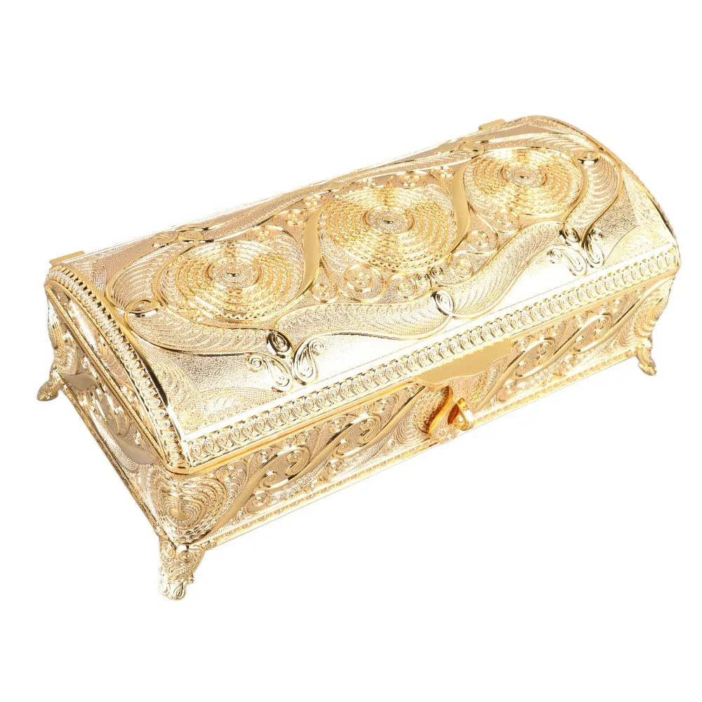 Alloy Vintage Jewelry Box Rectangular Gold Trinket Storage Box Soft Velvet Lining Silver Treasure Storage Box Dressing Table Use