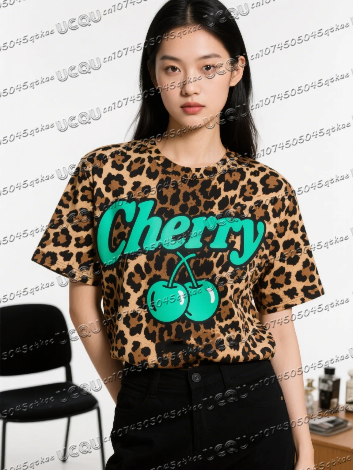 الصيف المألوف ليوبارد طباعة الكرز المرأة الأساسية فضفاضة ومريحة قصيرة الأكمام المرأة تي شيرت سريعة الجافة بلايز المحملة #6