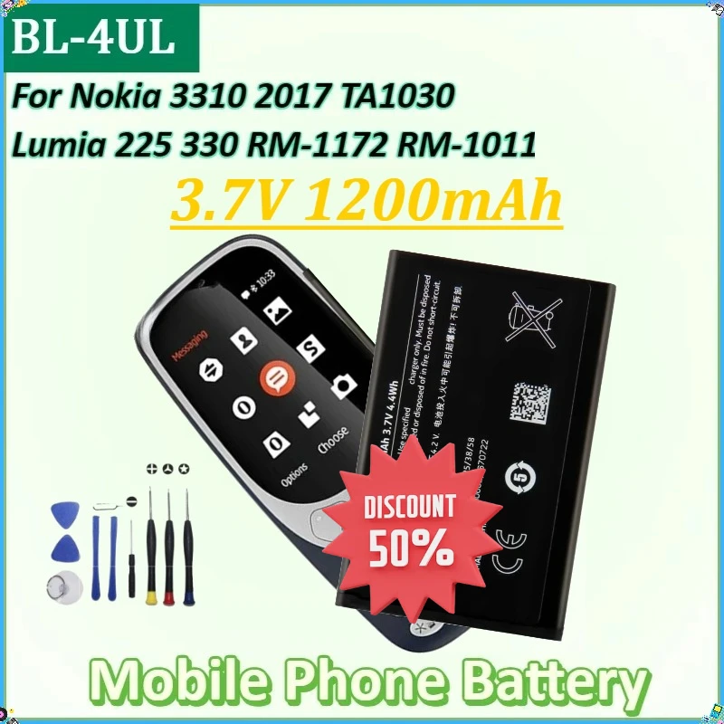 

For Nokia 3310 2017 TA1030 Lumia 225 330 RM-1172 RM-1011 RM-1126 New BL-4UL 3.7V 1200mAh Mobile Phone Battery + Tools