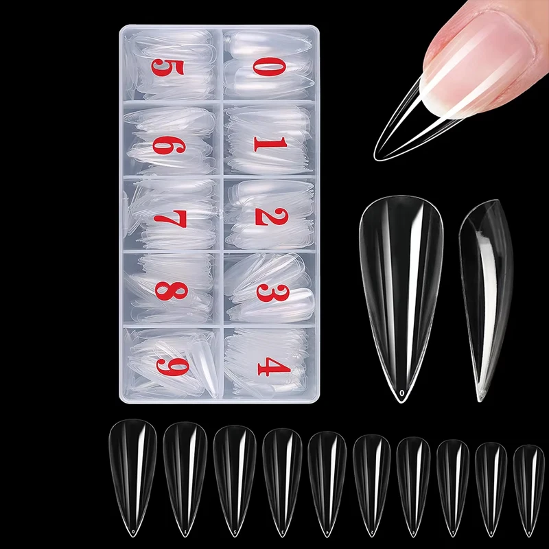 500Pcs/Box Stiletto Nail Tips Transparent False Press on Acrylic Nails Mixed Size Fake Nails DIY Manicure Extension Tools