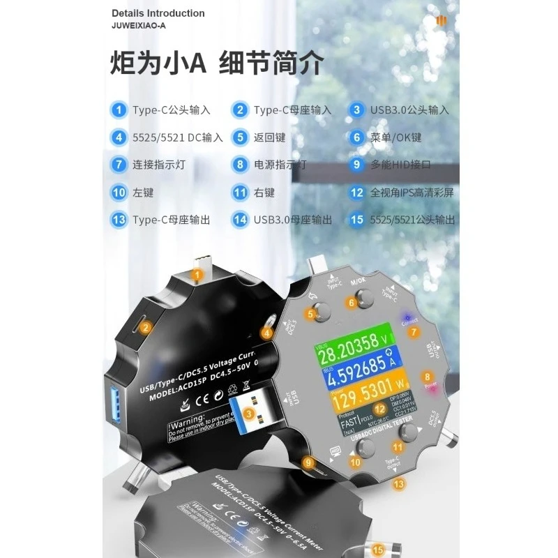

Type-c Multi-function QC PD Fast Charging Protocol Tester Charging Usb Tester Voltage Current Meter
