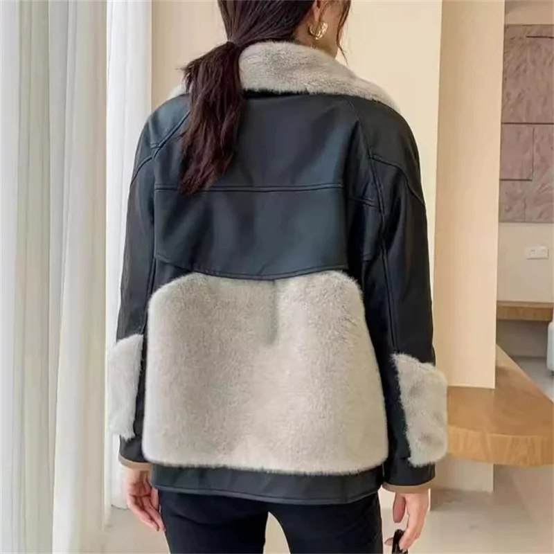 Fashion Faux Mink Fur Spliced Leather Jacket Women's Short Cotton-padded Coat Autumn Winter Thicken Warm Loose Outerwear Female