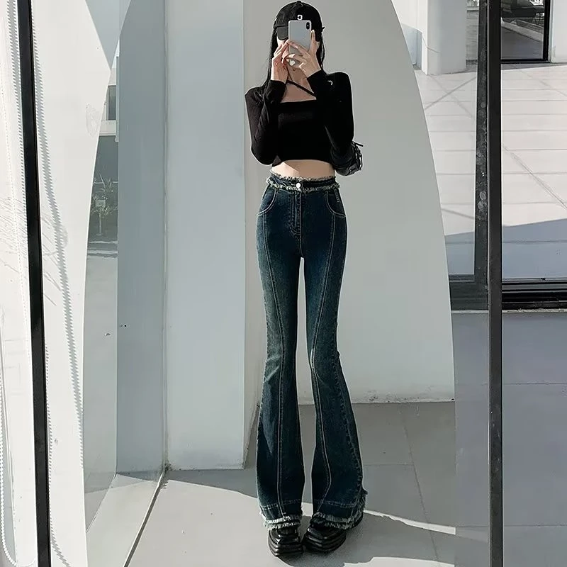 Women's Jeans High Waist Skinny Flared Pants Spring Summer Slim Retro Blue Denim Trousers Fashion Streetwear Y2k Female Clothing