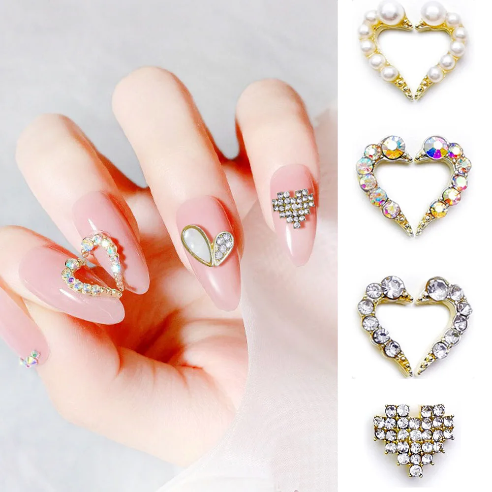 

10Pcs/lot Half Heart 3D Nail Art Rhinestone Alloy Nail Decoration Pearl Manicure Jewelry Metal Gold/Silver Accessories Charms