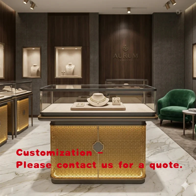 

custom.Jewelry Store Furniture Gold Lattice Base Curved Glass Counter LED Luxury Retail Bespoke Direct Factory