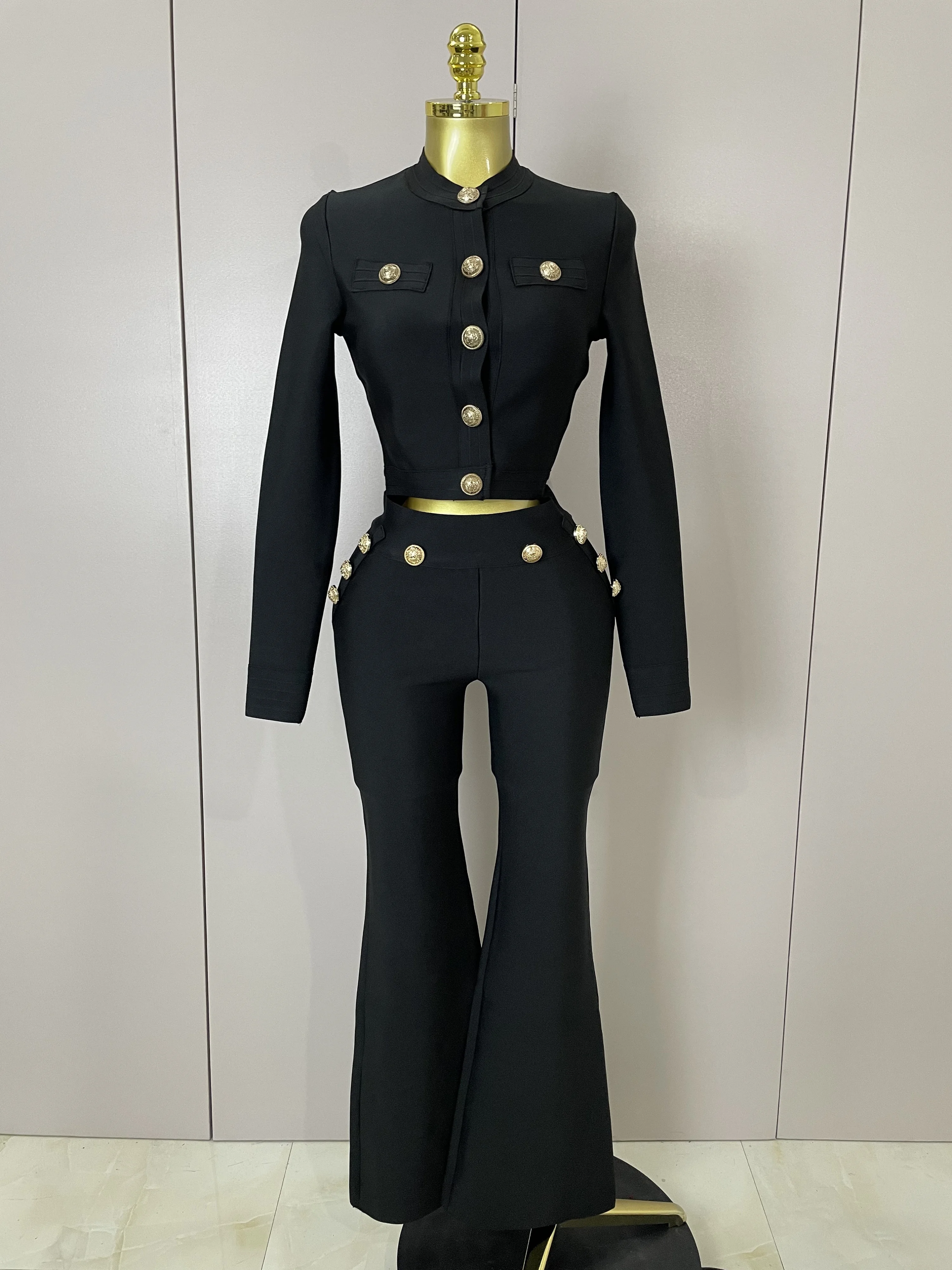 2025 New High Quality Golden Buttons Short Coat Top And Flare Pants  Bandage 2 Pieces Set Woman Celebrity Evening Party Vestidos