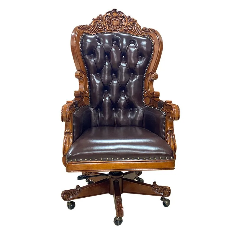 

Leather swivel chair, solid wood lounge chair, European style study, carved computer office chair, boss chair