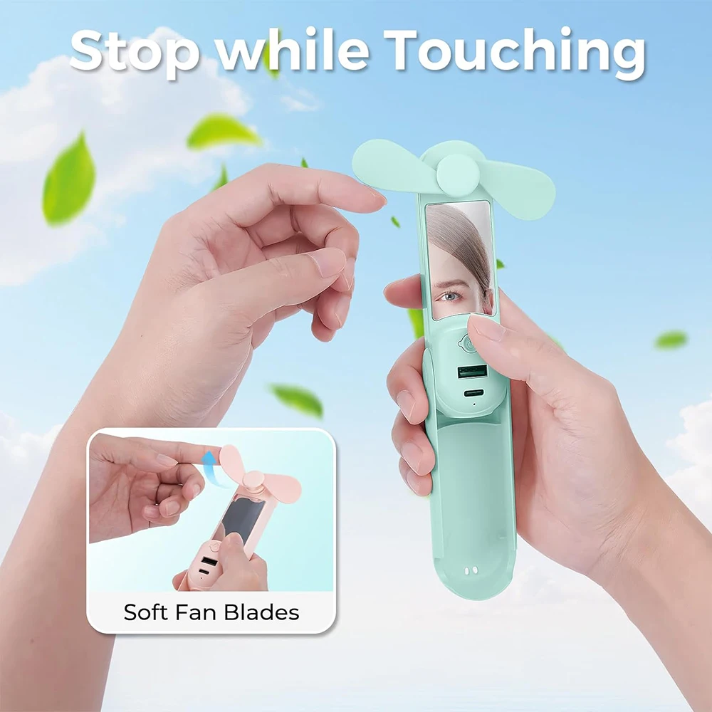 Mini Portable Handheld Fan USB Rechargeable Folding Small Pocket Fan with Handy Power Bank Foldable Hand Fan for Outdoor