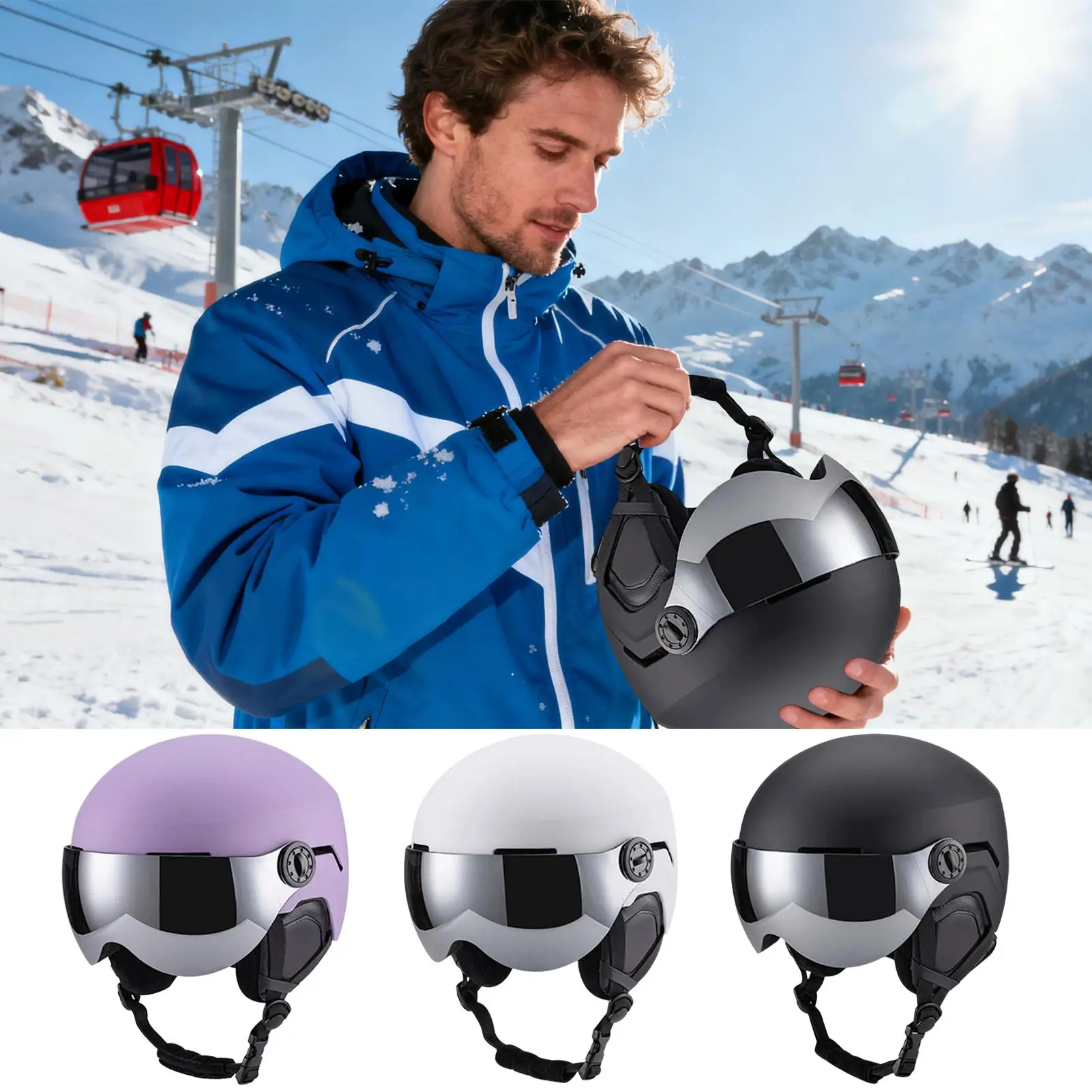 หมวกกันน็อคสกีพร้อมแว่นตาในตัว หมวกสโนว์บอร์ดกันลม กันกระแทก อุ่นสบาย ปลอดภัยสำหรับการเล่นสกีและสโนว์บอร์ด