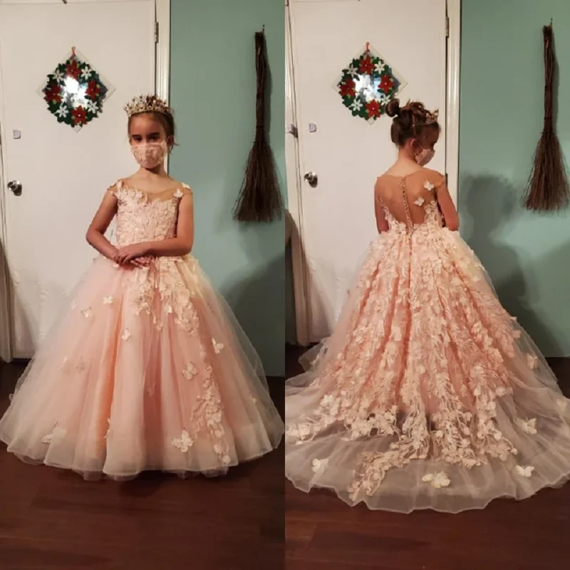 Babyonline Flower Girl Dresses for Wedding Blush Pink Floral Tulle Long 2024 bambini abiti da ballo da damigella d'onore Princess anche Wed Party