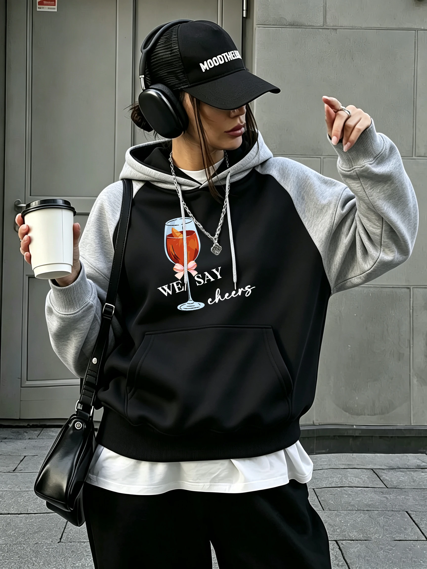 Sweet Fruity Wine Pattern Women Raglan Hoody Casual Pocket Hoodies Autumn All-Match Sportswear Fleece Oversized Y2K Hoodie