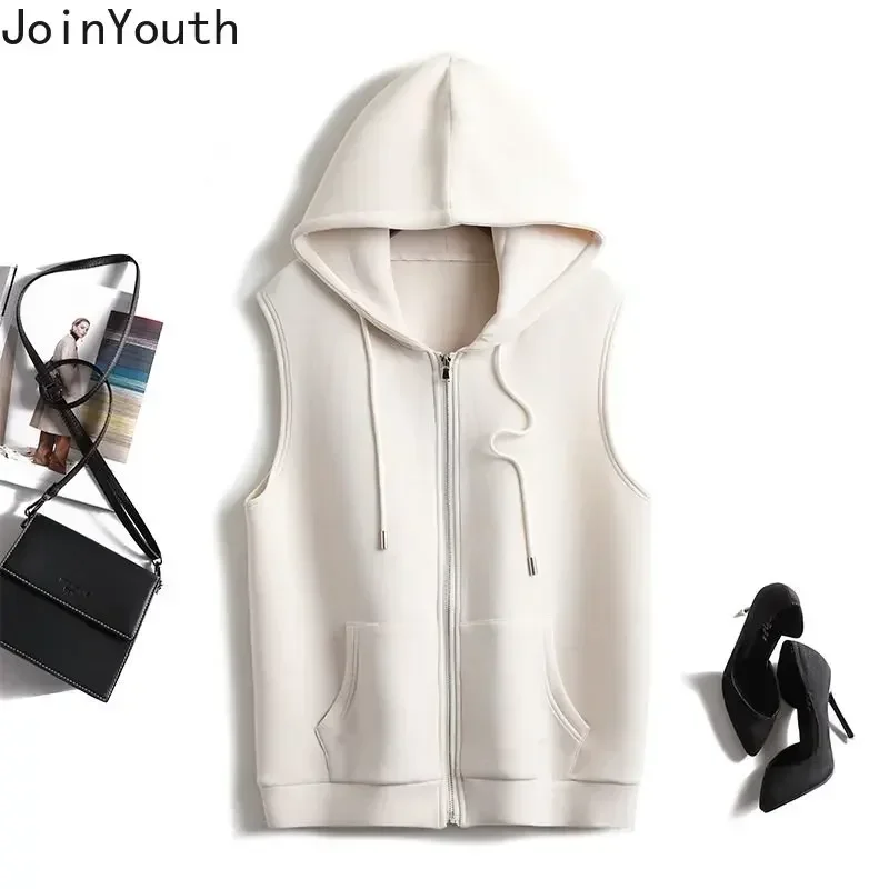 Korean Hoodies Women 2023 Ropa Mujer Pockets Sleeveless Hooded Zipper Vest Fashion Casual Sweatshirts Y2k Oversized Tops 27j389