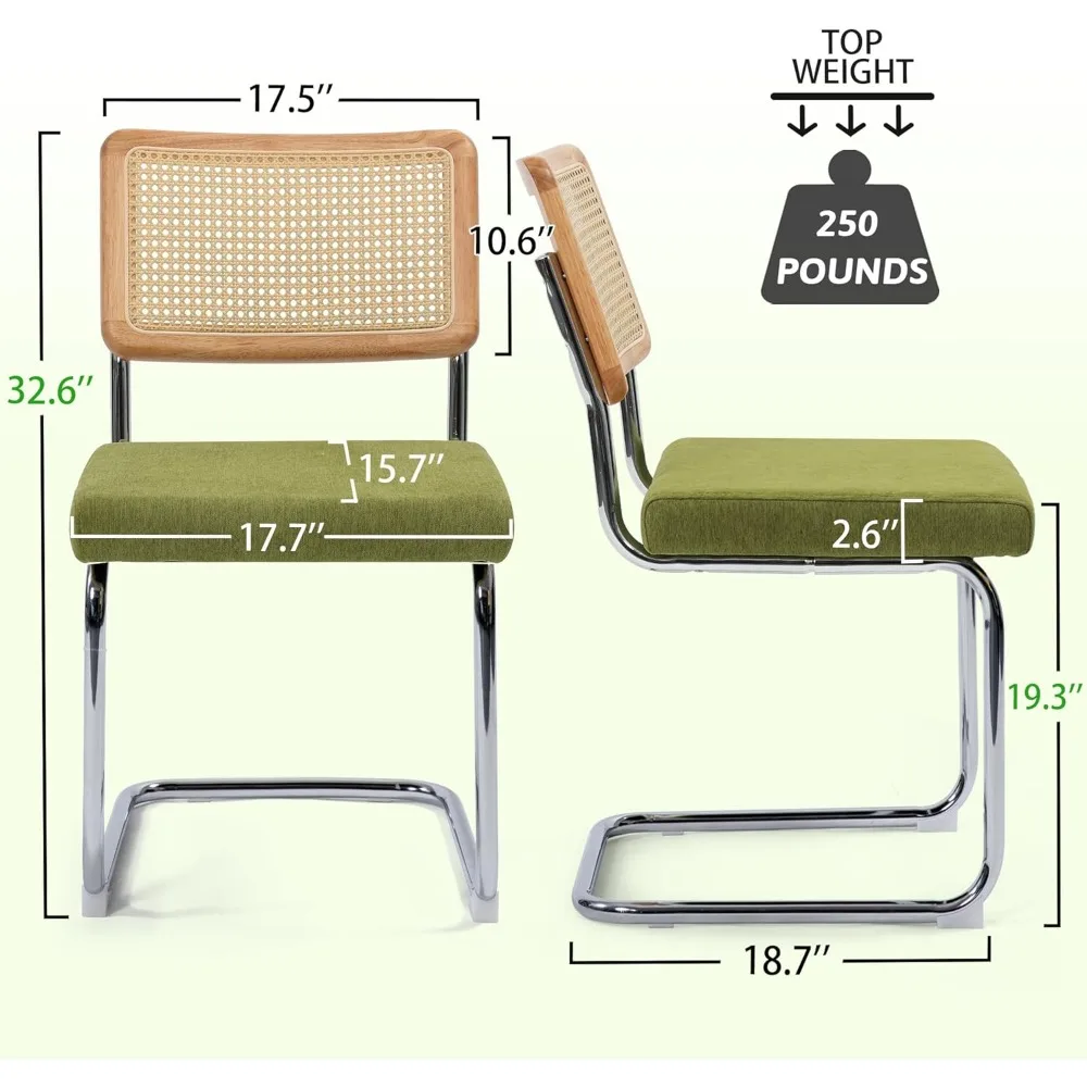 Moderne Cesca-Esszimmerstühle aus Rohrgeflecht, 2er-Set, handgewebte Rattan-Rohrlehne, Untergestell, gepolsterter Sitz aus Baumwolle