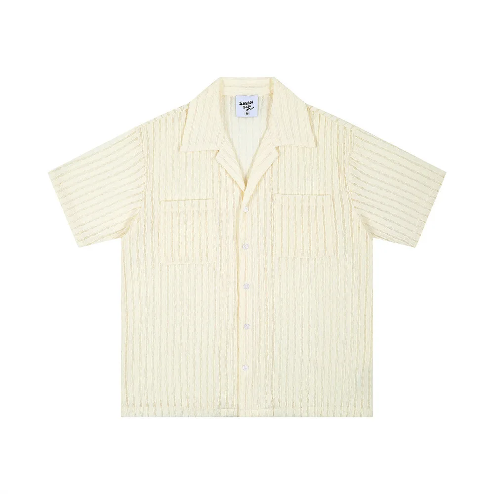 

Striped Hollow Texture Wrinkled Short Sleeve Shirts Mens Pocket Summer Retro Casual Spliced Lapel Single Breasted Shirts Man New