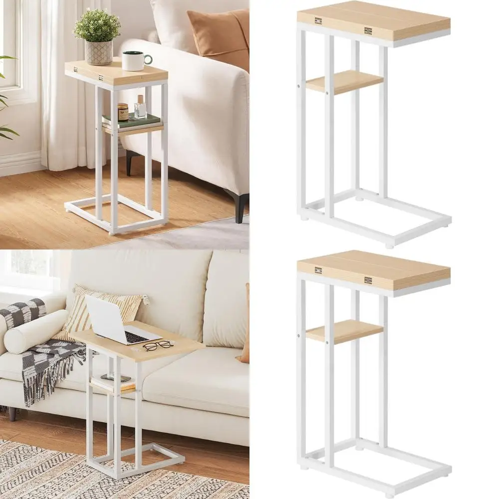 

Foldable C-Shaped Side Table with Storage Shelf, Ideal for Small Spaces in Living Rooms and Bedrooms, Easy Assembly, White and N