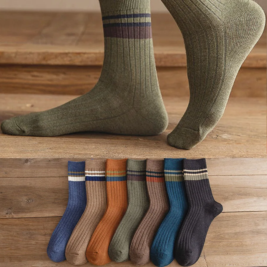 Solid Mid Length Socks Autumn Men's Long Length Socks Winter Anti Odor Sweat Absorption Patchwork Striped Sock