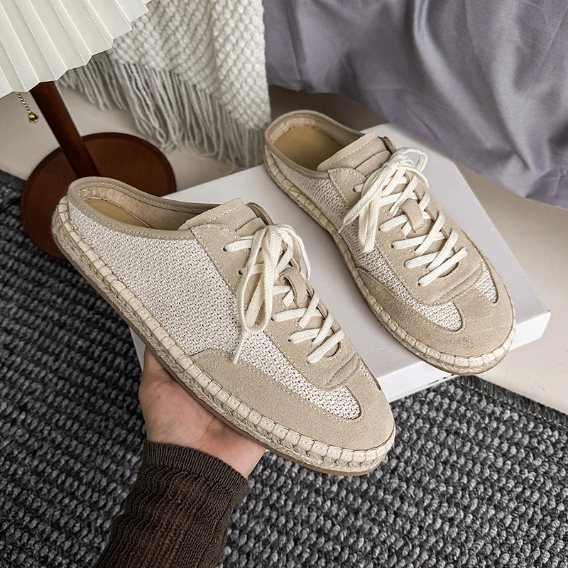 Vintage Half Shoes for Men Women Mules Suede Leather Loafers Slipper Open-back Casual Shoes Backless Slides Sandal Slip On Flats