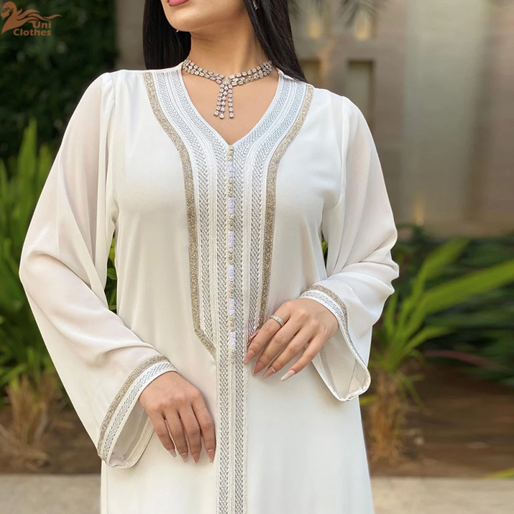

White Kaftan Luxury Dubai Abaya Turkey Muslim Dress Islam Abayas Dresses for Women Robe Djellaba Caftan Ensemble Femme Musulmane