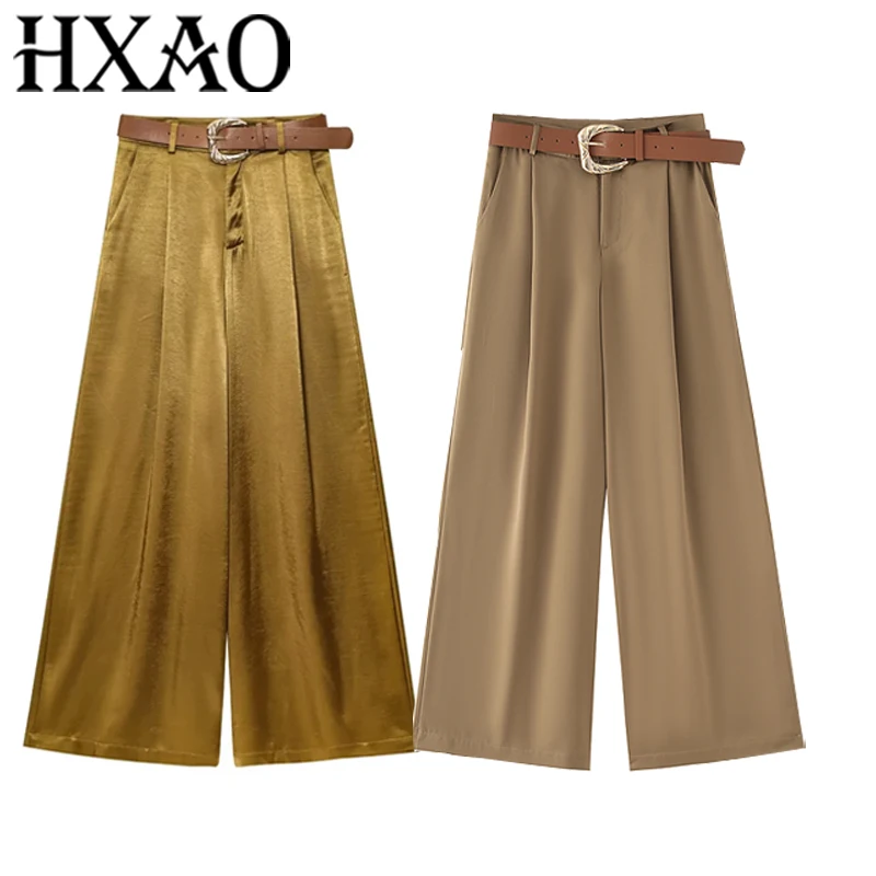 HXAO Geplooide Vrouwen Satijnen Broek Zomer Baggy Brede Vloeistof Broek Vrouw Riem Kantoor Casual Lange Broek Hoge Taille Damesbroek