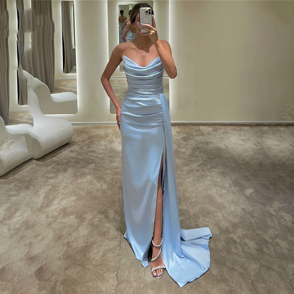 

Vinca Sunny Light Blue Strpless Mermaid Evening Dresses Pleat Stain Prom Dresses Side Split Formal Dresses vestidos de noche