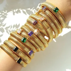 Stainless Steel Elastic Snake Spiral Colors Zircon Inlaid Bangle Bracelet 18K Gold Plated Exquisite Women Girls Hip Hop Gift