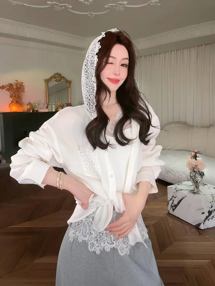 

XiaoXiao Yu Long Sve Lace Hooded irt Linen Blend New Design Early Autumn New Arrival Women's Loose Fit irt