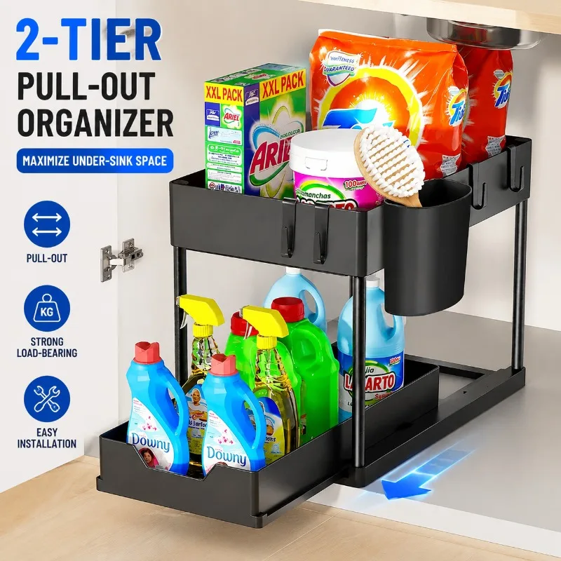 2-Tier Sliding Under Sink Organizer Pull Out Cabinet Storage Basket with Hooks Hanging Cup Kitchen Bathroom Space Saving Rack