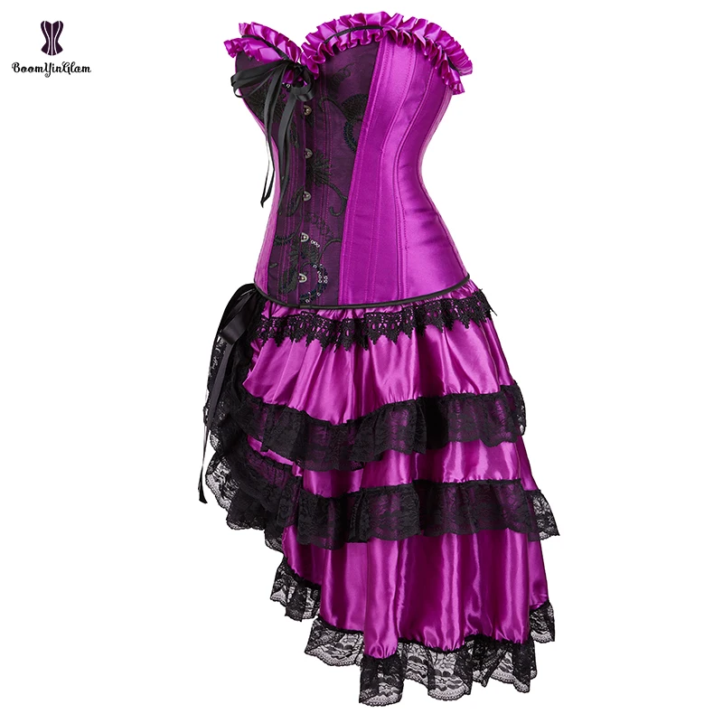 Plus Size S to 6XL Women Fashion Charming Lace Up Boned Corsets Top With  Asymmetrical Skirt Set Purple Corset Dress