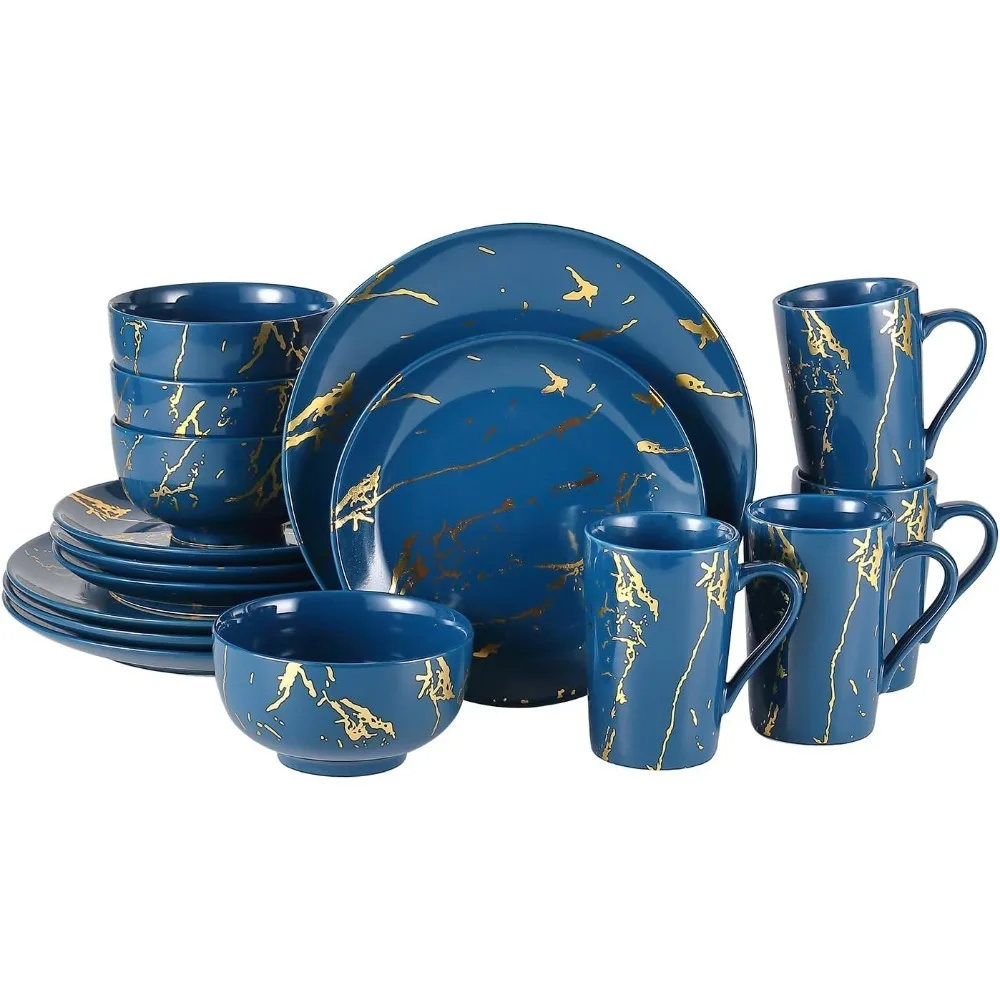 

Dinnerware Sets for 4, 16 Piece Porcelain Dish Set Plates and Bowls Sets, Gold Marble Ceramic Dinner Set with Mugs