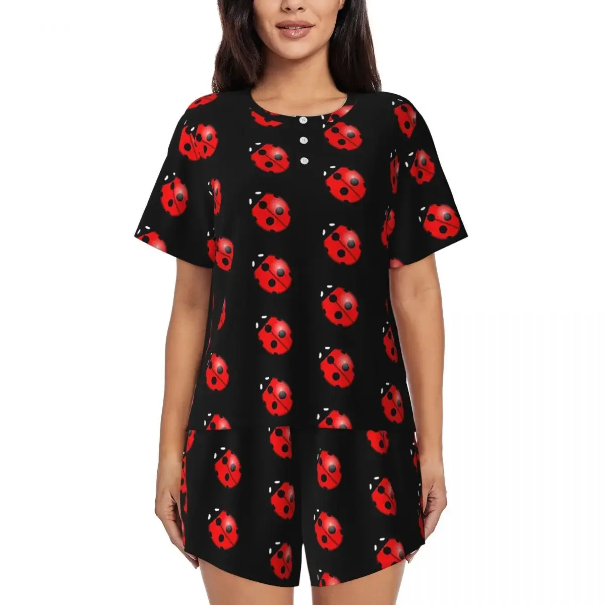 Schwarze Nachthemden mit Marienkäfermuster, Rundhalsausschnitt, kurze Ärmel, zum Schlafen, Schlafshirts für Damen, lockeres Pyjama-Set, kurze Hosen