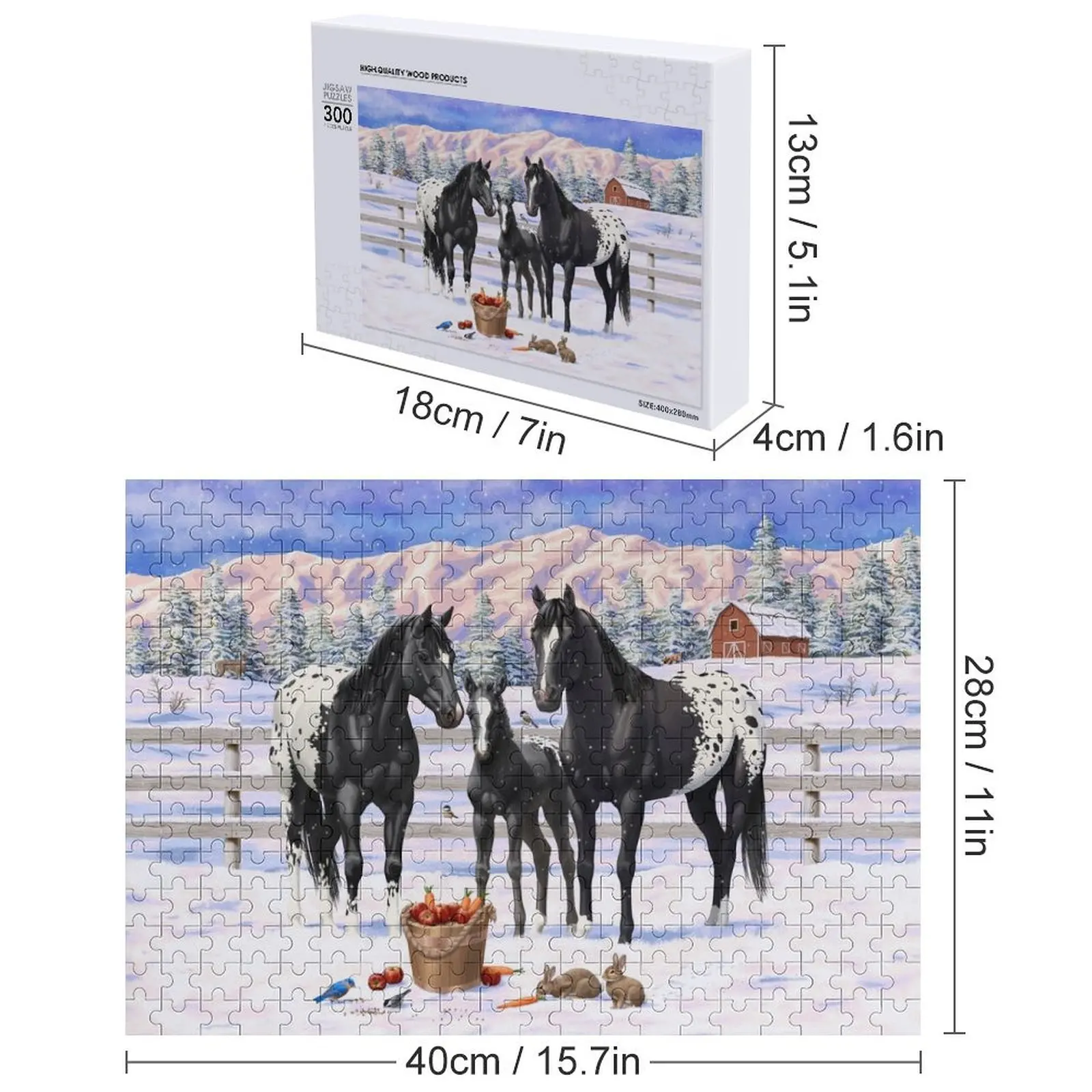 Cavalli neri di Appaloosa nella neve Puzzle Decorazioni in legno Dipinti Puzzle regalo personalizzato per bambini