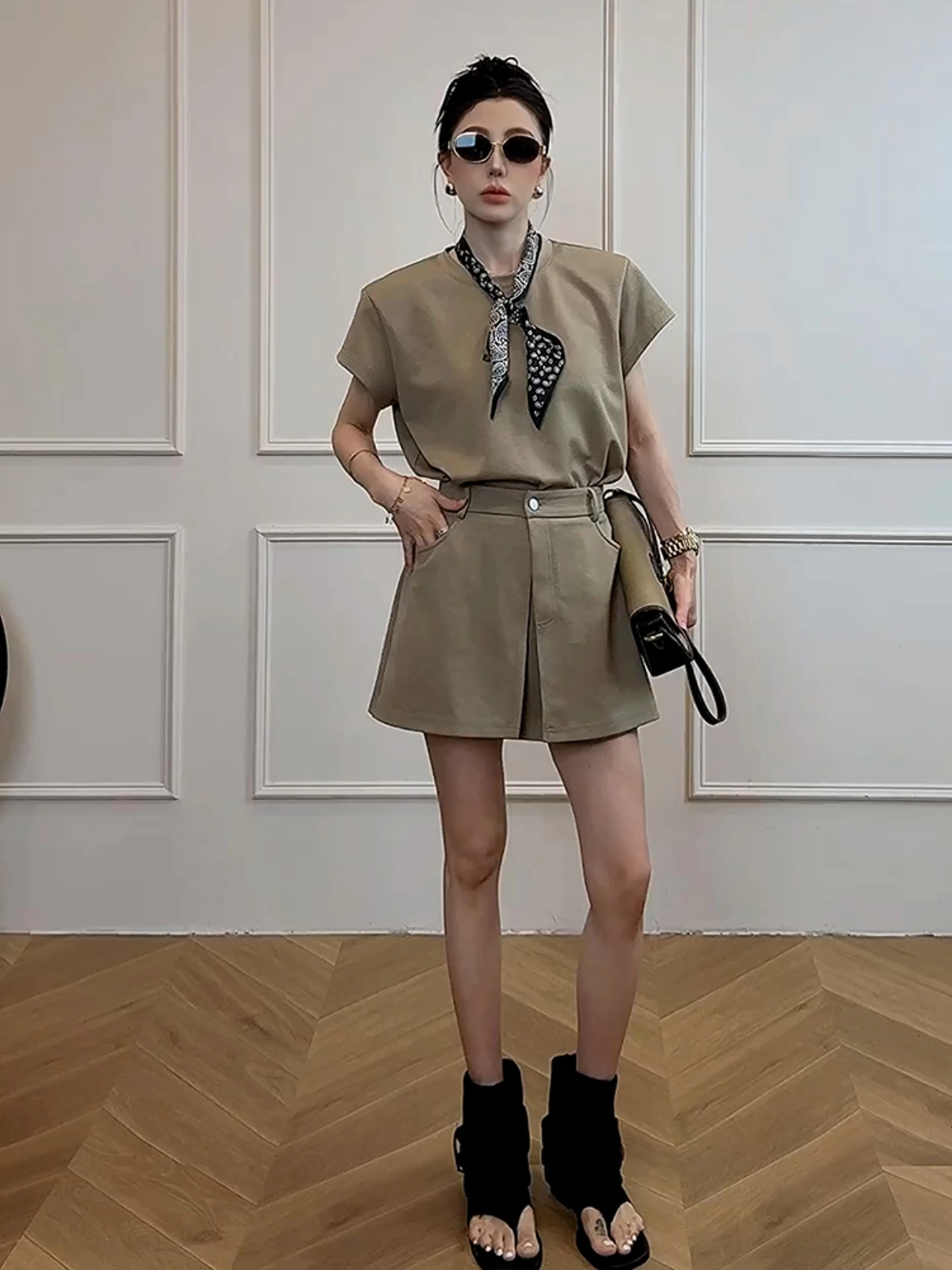 T-shirt Chic couleur kaki pour femmes, ensemble Dr, jupe trapèze taille haute, ort Sve, rond Ne Ci, adapté aux déplacements