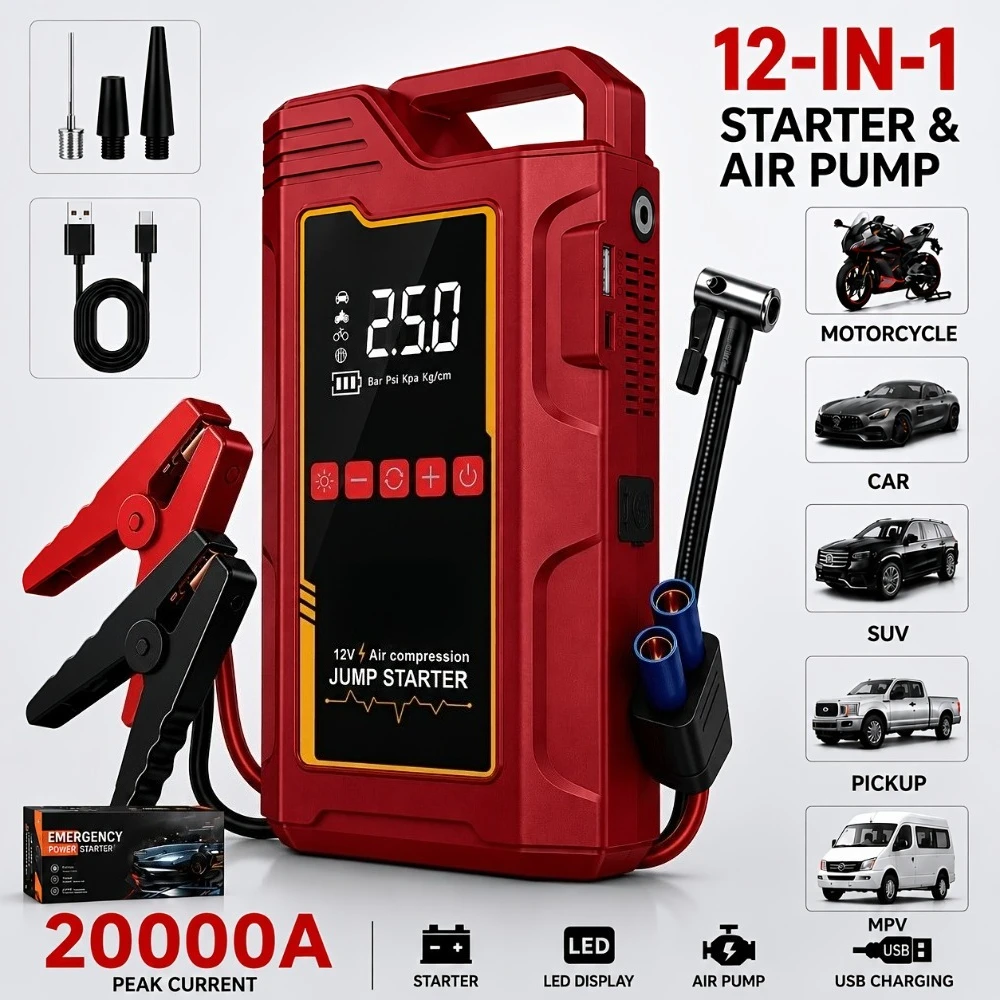 

20000A Peak 12-in-1 Portable Jump Starter with Air Compressor for All 12V Vehicles, 250PSI Tire Inflator, Fast Charge USB/Type-C Power Bank, LED Emergency Light, Heavy Duty Car Battery Booster, Perfect Father's Day Gift